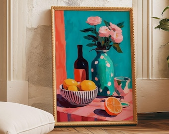 Arte da cucina, stampa per sala da pranzo, stampa moderna floreale e di limoni (download digitale)