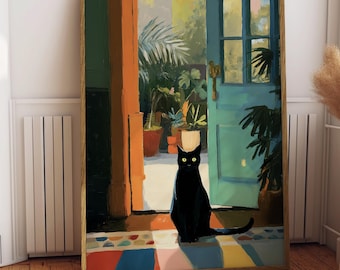 Stampa artistica di gatto nero, arredamento colorato per la casa (download digitale)
