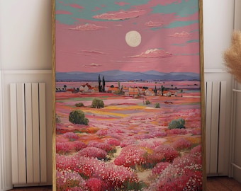 Paesaggio di campo rosa, campagna colorata stampabile (download digitale)