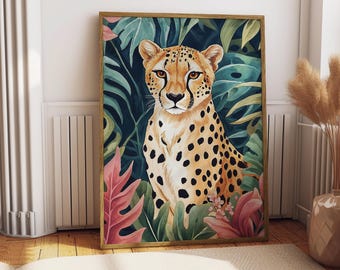 Stampa artistica di ghepardo tropicale, decorazione con animali della giungla (download digitale)