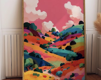 Arte murale con paesaggio colorato, stampa moderna di colline astratte, stampabile sulla natura (download digitale)