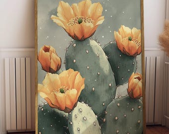 Stampa murale con fiori di cactus, stampa botanica del deserto, cactus arancione (download digitale)
