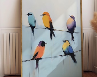 Arte murale stampabile con uccelli colorati, dipinto moderno di uccelli (download digitale)