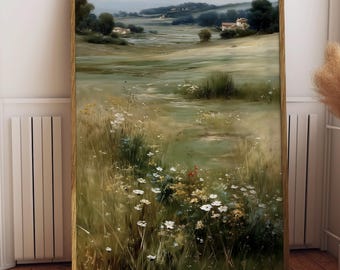 Paesaggio di campagna verde, arte murale rustica con prato, decorazione paesaggistica di una fattoria (download digitale)