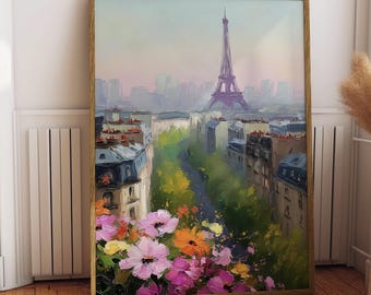 Stampa floreale della Torre Eiffel di Parigi, paesaggio urbano romantico (download digitale)