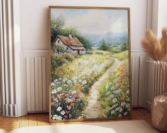 Stampa di paesaggio con prato fiorito, decorazione murale in stile fattoria (download digitale)
