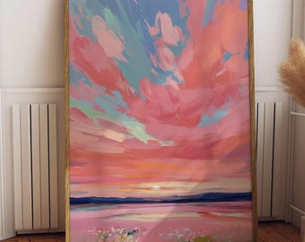 Paesaggio al tramonto rosa, cielo colorato, tramonto impressionista moderno (download digitale)