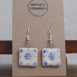 Ceramic Tile Earrings: Mediterranean Blue & White, Silver Plated
