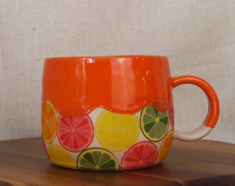 Citrus Mug - Handmade Stoneware Mug - Drippy Glaze - Summer Mug - Fruit Mug - Cute Mug - Cute Pottery - Food Mug - Big Mug