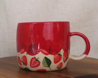 Strawberry Mug - Handmade Stoneware Mug - Drippy Glaze - Summer Mug - Fruit Mug - Cute Mug - Cute Pottery - Food Mug - Big Mug