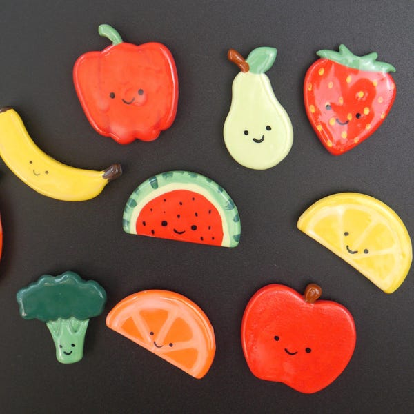 Cute Food Fridge Magnet: Ceramic Fruit & Vegetable Smiley Faces