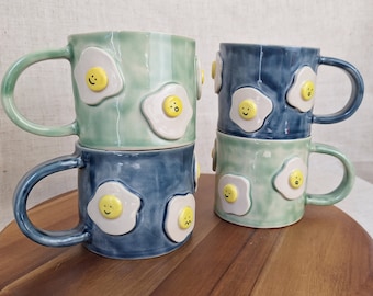 Handmade Stoneware Fried Egg Mug: Happy Face Pottery