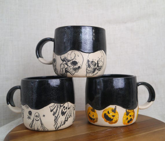 Halloween Mug - Handmade Stoneware Mug - Sparkly Black Glaze - Pumpkin Mug - Ghost Mug - Skull Mug - Bats Mug - Spooky Gift - Spooky Pottery