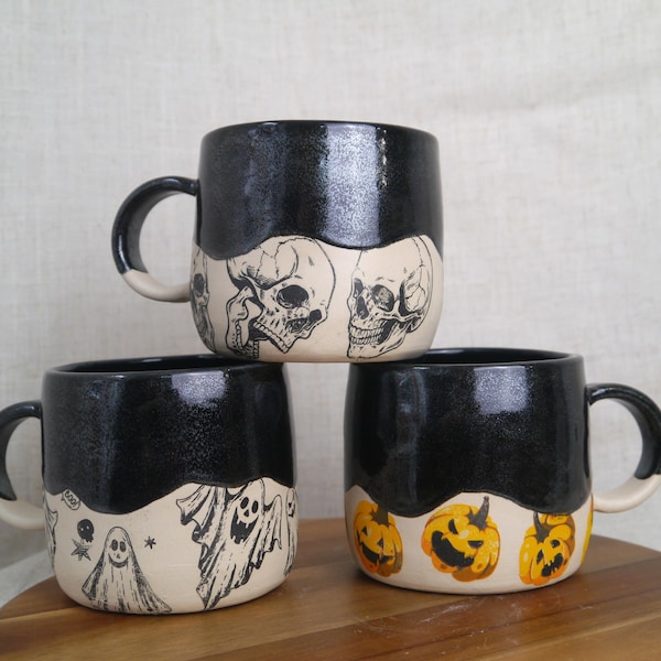 Halloween Becher - Handgemachter Steinzeug Becher - Kürbis Becher - Geist Becher - Gruseliger Geschenk - Gruseliger Becher - Kürbis Becher - Fledermäuse Becher