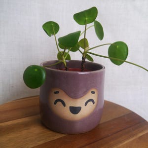 May include: A small, purple ceramic pot with a smiling face design, holding a green plant with round leaves. The pot sits on a wooden surface, with a white background.