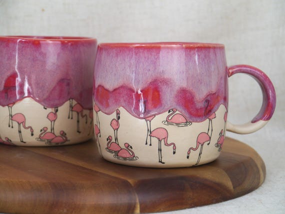 Flamingo Mug - Handmade Stoneware Mug - Drippy Glaze - Pink Mug - Bird Mug - Cute Mug - Cute Pottery - Animal Mug - Big Mug