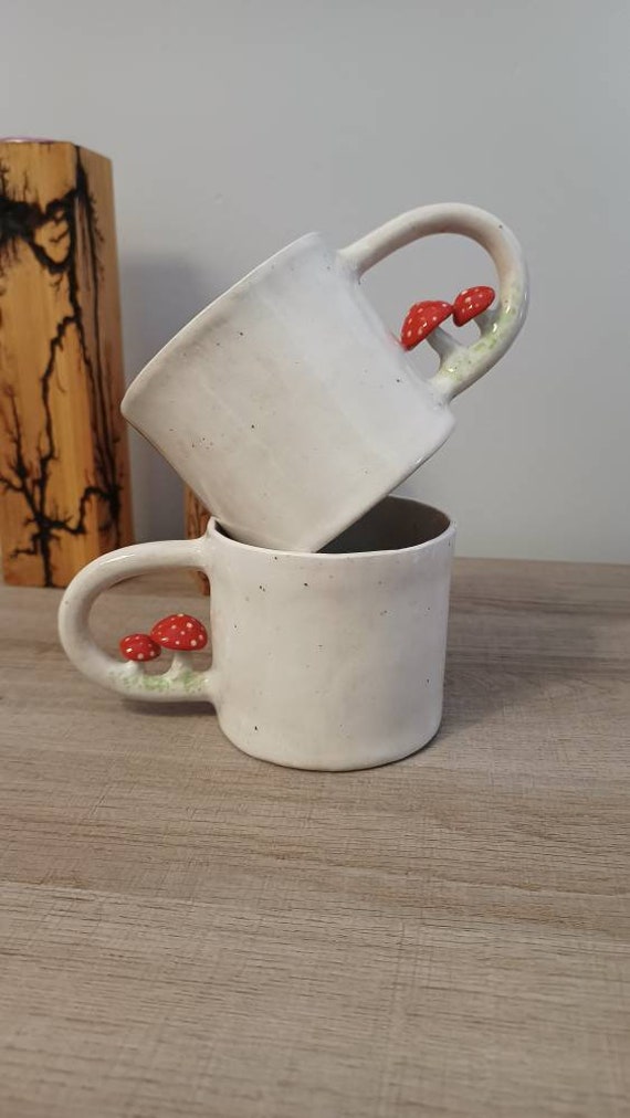 Mug Aux Champignons Fait à La Main - Mug en Céramique Grès Poignée Champignons