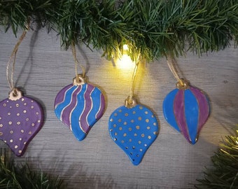 Ceramic Christmas Baubles - Traditional Shape Decorations - Hand Painted with Real Gold