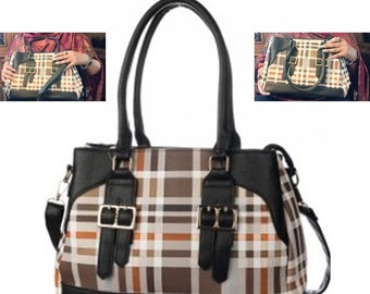 BowDesigns II – The Plaid Bag - Women’s Chic Vegan Leather Polyester Handbag, Travel Tote Bag (#PLD-G520)