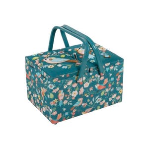 May include: A rectangular sewing basket with a teal fabric exterior featuring a multi-colored floral and bird pattern. The basket includes two hinged lids on top, a teal plastic handle, and a deep teal interior lining for storage.