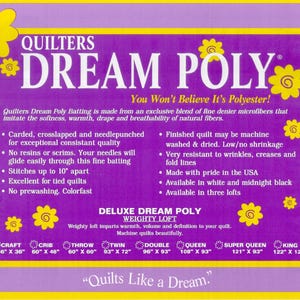 May include: A purple and yellow advertisement for Quilters Dream Poly batting. The text includes product features, such as being colorfast and machine washable. Sizes are listed in inches for craft, crib, throw, twin, double, queen, super queen, and king quilts.
