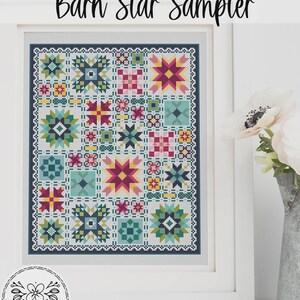 Op de afbeelding: Een ingelijste kruissteek sampler met de titel "Barn Star Sampler". Het ontwerp toont een raster van kleurrijke sterren en geometrische patronen in tinten van teal, roze, geel en rood. Het kunstwerk is ingelijst in een witte lijst en bevat de tekst "CORA'S QUILTS by Shelley Cavanna".
