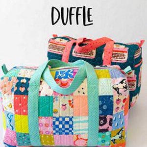May include: Two patchwork duffle bags with colorful, patterned fabric. The front bag has a patchwork design with squares of various colors and patterns, including strawberries, bears, and horses. The handles are a light teal color. The text "PATCHWORK DUFFLE" is at the top.