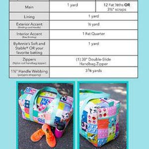 May include: A colorful patchwork duffle bag with teal handles and accents. The bag dimensions are 12"H x 20.5"W x 9"D. The image also includes a chart detailing yardage requirements and two photos of the finished product.