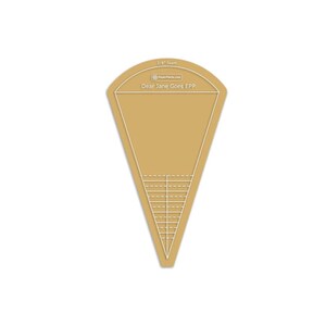 May include: A tan acrylic quilting template with a curved top edge and a pointed bottom. The surface features white printed lines, the text 3/8" Seam, PaperPieces.com, and Dear Jane Goes EPP. The template includes a central vertical line.