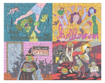 May include: A rectangular jigsaw puzzle featuring four distinct Halloween-themed illustrations. The panels depict a green sea creature, a colorful 'Happy Halloween' scene, a witch with a candy bowl and sign reading 'COME CLOSE SWEET CANDY NOT A TRICK', and a group of figures with pumpkins near a dark castle.