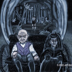May include: A black and white illustration of a wagon with three figures inside. The figures are sitting on a bench and appear to be looking out of the wagon. The wagon is surrounded by a dark, shadowy background.