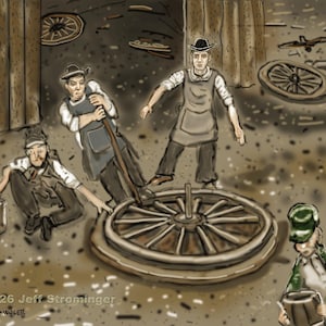 May include: An illustration depicts a workshop scene with four figures. Three men are working on a large wooden wheel, while another holds a bucket. The scene is rendered in muted tones, suggesting a historical or vintage theme.
