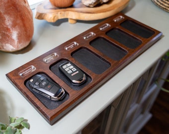 Personalized Walnut Key Fob Tray with Leather Lined Compartments