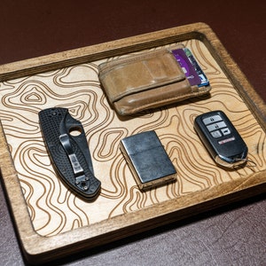 Wood Catch All Tray with Custom Topography Engraving - Unique Home Decor