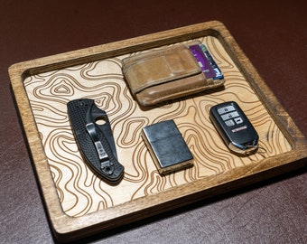 Wood Catch All Tray with Custom Topography Engraving - Unique Home Decor