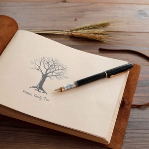 Puede incluir: Un diario encuadernado en cuero marr&oacute;n con una p&aacute;gina en blanco abierta, que presenta un &aacute;rbol dibujado a mano con el texto "Rieders Family Tree". Una pluma estilogr&aacute;fica negra est&aacute; sobre la p&aacute;gina.
