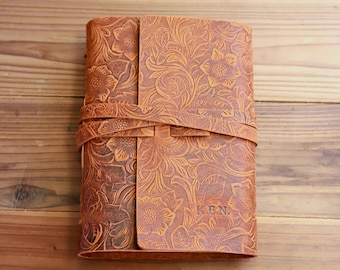 Personalized Leather Flower Journal Notebook Diary Custom Wedding Gift Anniversary Birthday Graduation Gift