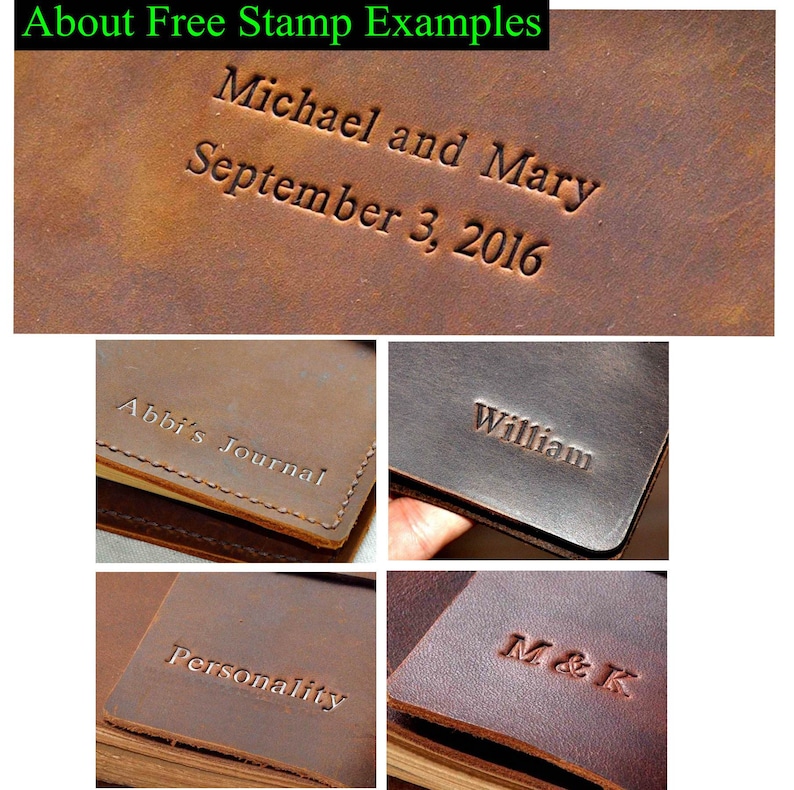 May include: Close-up of four different leather-bound journals with various personalized text embossed on the covers. The text includes "Michael and Mary September 3, 2016", "Abbi's Journal", "William", and "M&K".