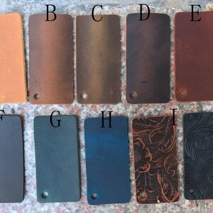May include: Ten leather swatches in various colors and textures, labeled A through J. The swatches are arranged in two rows of five.