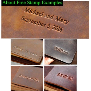 May include: Close-up of four different leather-bound journals with various personalized text embossed on the covers. The text includes "Michael and Mary September 3, 2016", "Abbi's Journal", "William", and "M&K".
