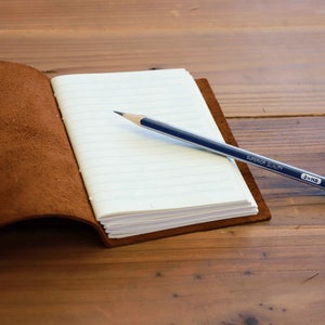 Pu&ograve; includere: Un diario rilegato in pelle marrone con una pagina bianca aperta e una matita appoggiata sulla pagina. La matita &egrave; blu e ha la scritta "SUPERIOR QUALITY 2HB" stampata su di essa.