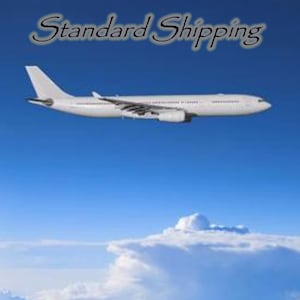 May include: A white passenger airplane flies high in a bright blue sky above fluffy white clouds. The words "Standard Shipping" are written in a cursive font above the plane.