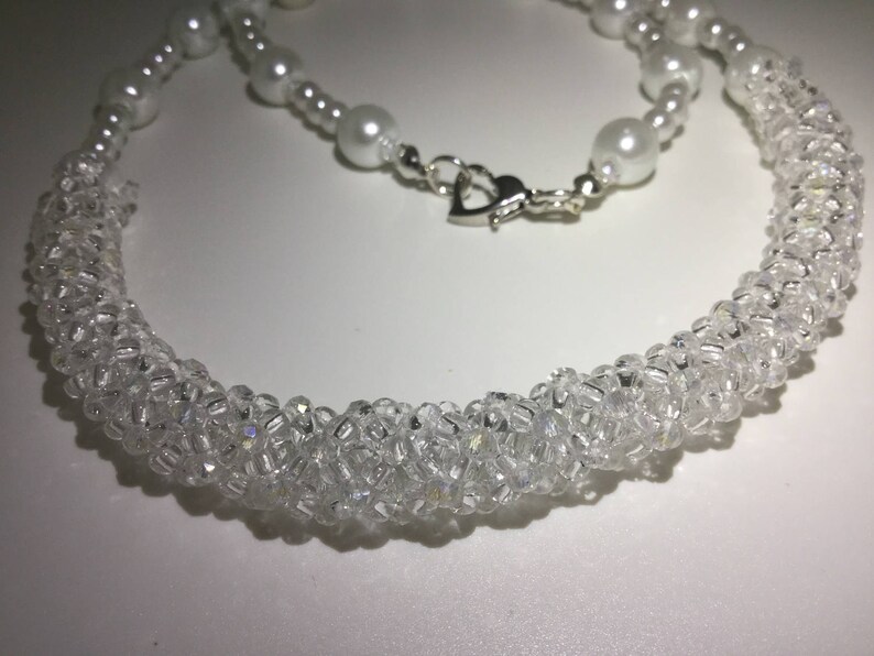 Crystal & Pearl Seed Bead Netted Necklace Etsy