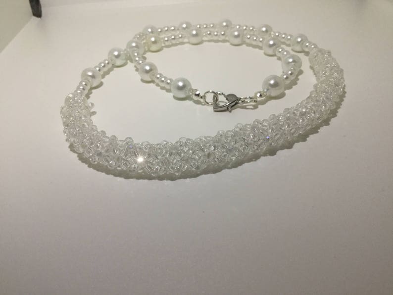 Crystal & Pearl Seed Bead Netted Necklace Etsy