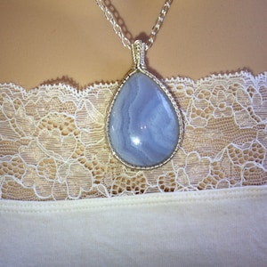 Blue lace agate wire wrapped cabochon - rare gemstone - cabochon pendant - pastel blue jewellery