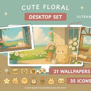 Könnte beinhalten: Niedliches Floral Desktop Set mit 21 Hintergrundbildern und 35 Symbolen. Das Bild zeigt ein Desktop-Set mit einem niedlichen Bären, Blumen und einer Katze. Das Set enthält eine Vielzahl von Symbolen und Hintergrundbildern mit floralem Thema. Der Text "CUTE FLORAL DESKTOP SET" wird oben angezeigt.