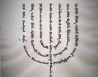Op de afbeelding: Een zwart-wit afbeelding van een menorah met Hebreeuwse tekst. De tekst luidt "Shvitieh Adonai L'tzidni" en "Ana B'koach Gedulateh Yemineh Tet", wat vertaald wordt als "Ik heb de Heer altijd voor me gezet" en "Alstublieft, in de kracht van uw grootheid, rechterhand, steun me".