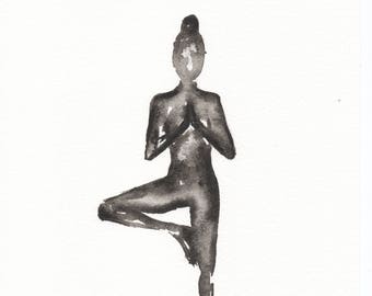 Yoga Original Watercolour Painting | Tree Pose | Black | White | A4