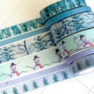 Snowman Forest Snowy Trees Washi Tape Blauw Wit Maagdenpalm. Snow Winter Planner Stickers januari 2021 Planner Envy Subscription Box - W006