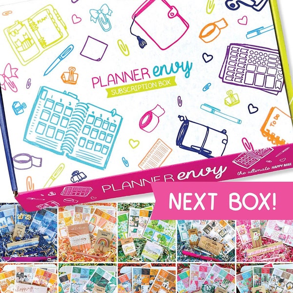 PROVA della scatola di abbonamento Planner Envy. Adesivi per planner, fermagli per planner, graffette, accessori, penne, ecc. Nessun coupon o sconto.